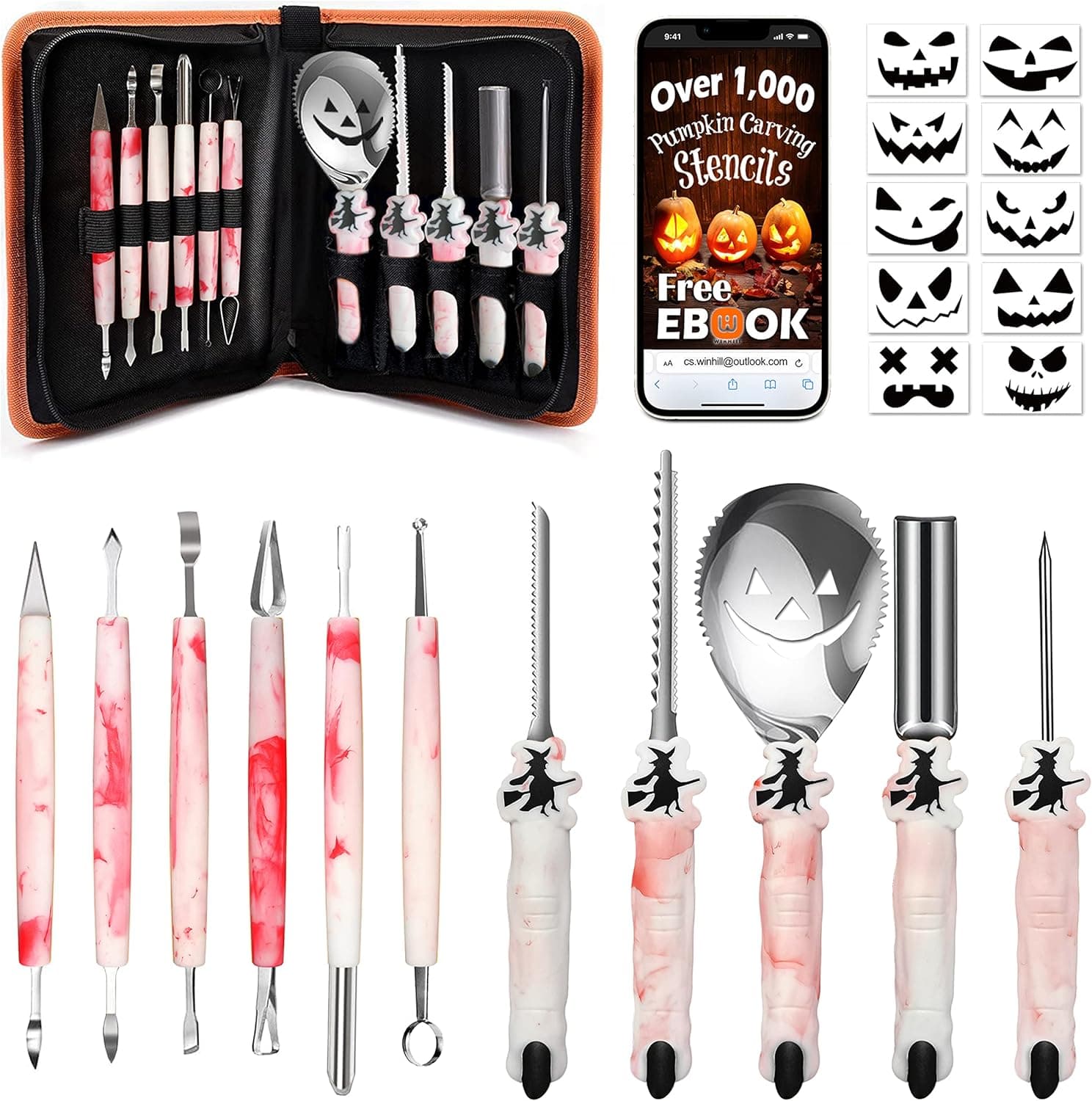 2022 New Pumpkin Carving Kit with Stencils Ebook & Carrying Case, 22 PCs Heavy Duty Stainless Steel Knife Professional Sculpting Tool Set for Kid Adult, for Carver Jack-O-Lantern Decoration