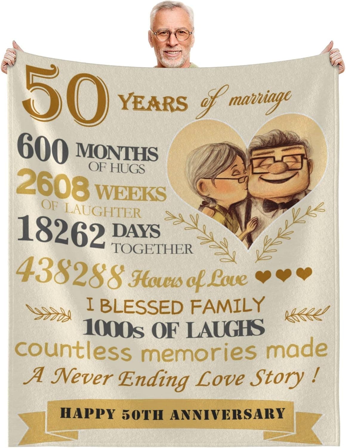 Golden 50 Years of Marriage Gifts for 50th Anniversary, 50" x 60" Ultra-Soft Micro Fleece Blankets for Bed, Sofa, Outdoor, 50th Anniversary Blanket for Couple, Friends, Family