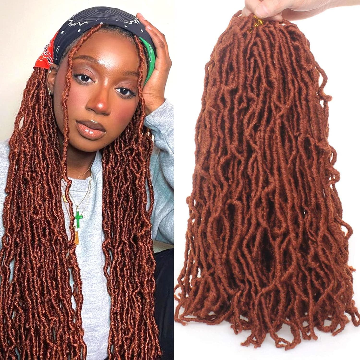 Xtrend 6 Packs Copper Red New Faux Locks Braids Hair 18 Inch Fashion Soft Locks Hair Pre-Looped Synthetic Hair Extend Soft Locks Braiding Hair 21Strands Faux Locks Curly Crochet Hair 350#