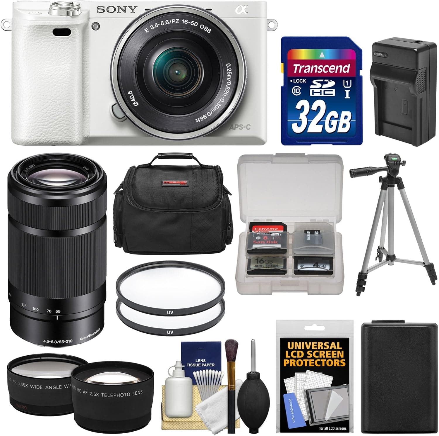 Sony Alpha A6000 Wi-Fi Digital Camera & 16-50mm Lens (White) with 55-210mm Lens + 32GB Card + Case + Battery/Charger + Tripod + Tele/Wide Lens Kit