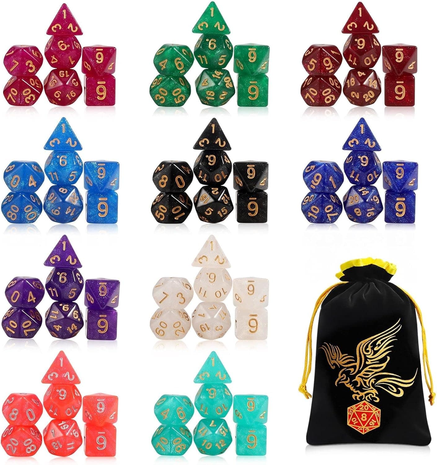 QMay DND Dice Set 10x7 (70 Pieces) Polyhedral Dice for Dungeons and Dragons D&D RPG MTG Role Playing Games with 1 Drawstring Bag