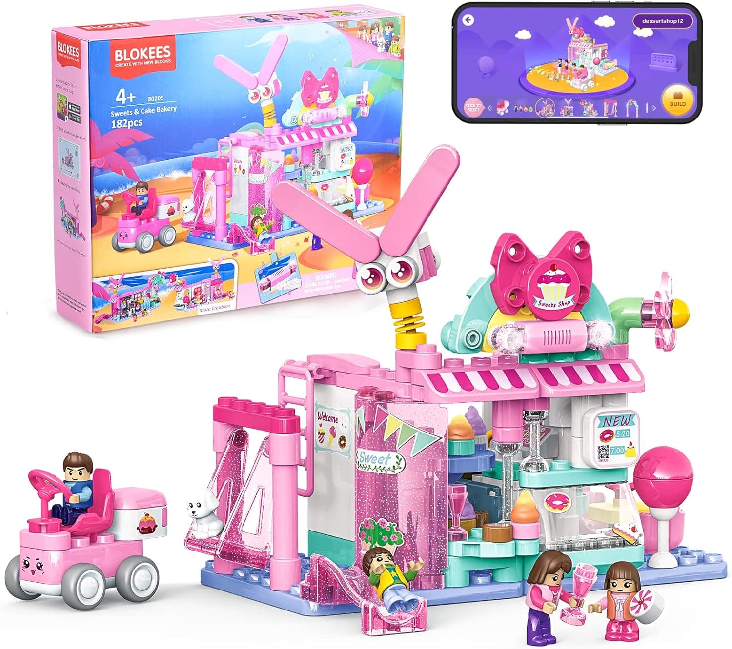 BLOKEES STEM 3-in-1 Building Educational Toys for Girls, Sweet & Cake Bakery Creative Building Blocks with APP 3D Guide & Funny Sound, Educational Gift Toys for Girls Kids Aged 4, 5, 6+, Pink, 184 Pcs