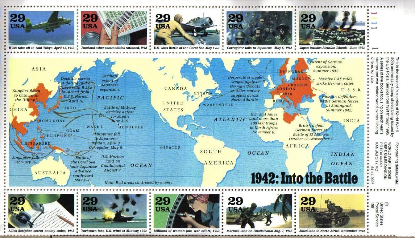 WWII 1942 Into The Battle Block of 10 x 29 Cent Stamps Scott #2697 by USPS