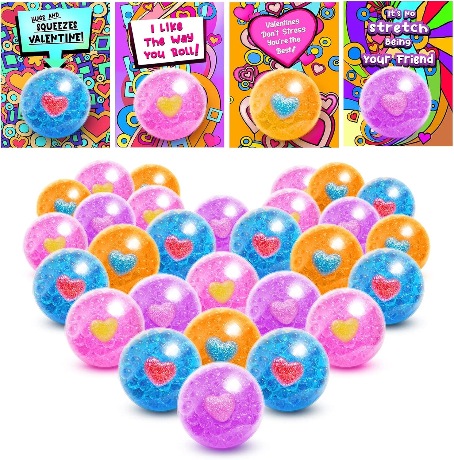 28 Packs Valentine's Day Gift Cards for Kids with Stress Ball Bulk Fidget Squishy Balls with Water Beads, Squeeze Toy for Kids Classroom Gift Exchange Prize Box, Valentine Party Favor Supplies