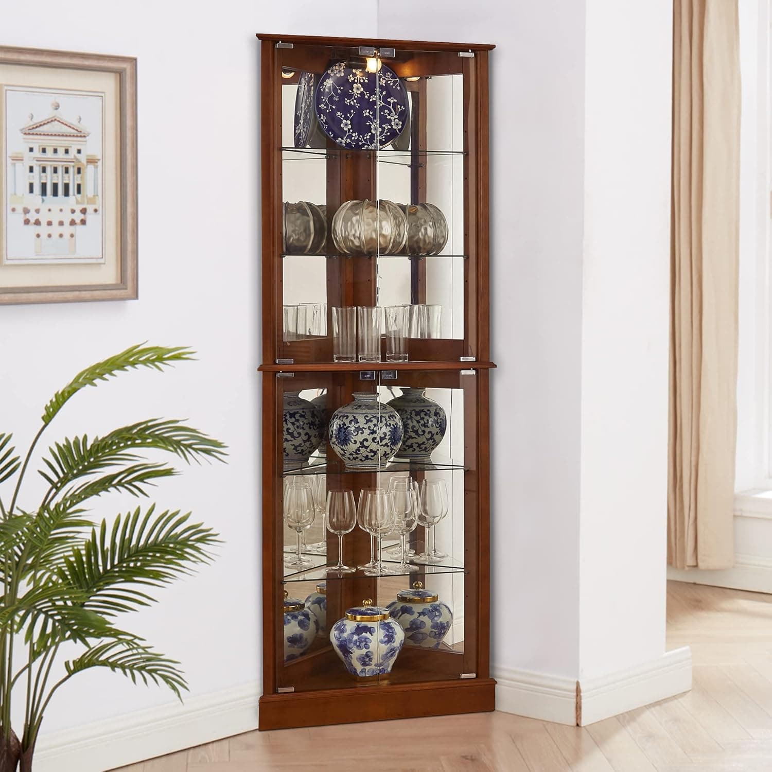 GOOD & GRACIOUS 6-Shelf Corner Curio Cabinet with Tempered Glass Doors,Display Cabinet with Lights,Walnut