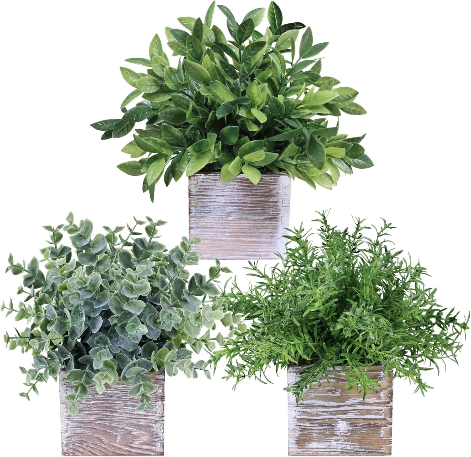Set of 3 Assorted Small Potted Plants Fake Eucalyptus Plants and Rosemary Plant in Rustic Wooden Planters for Mother Gifts Farmhouse Table Centerpiece Bathroom Shelf Office Desk Indoor Greenery Decor