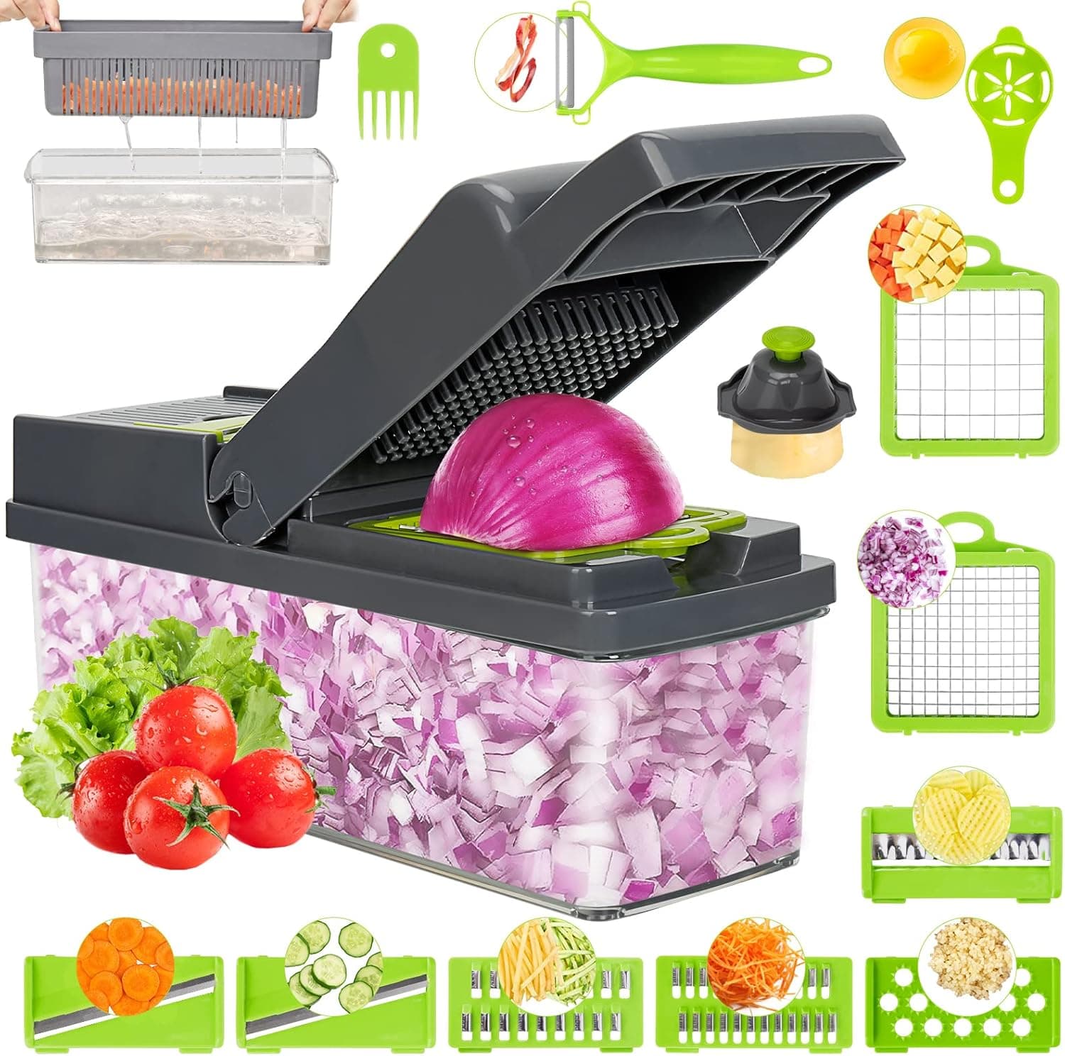 Vegetable Chopper 12-in-1 Veggie Choppers, Spiralizer Vegetable Slicer, Food Choppers with Container Fruit Dicer for Onion Potato Carrot Fruits Apple