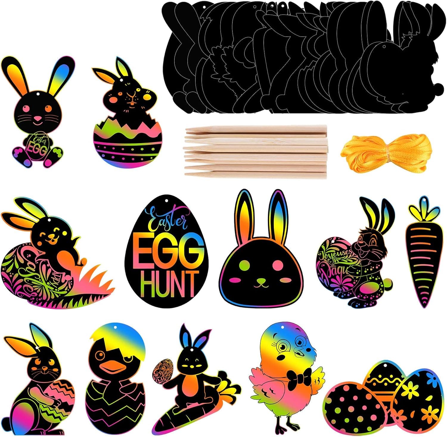 FEPITO 60 Pcs Easter Scratch Paper Kit 12 Styles Easter Theme Scratch Craft Kit with 20pcs Bamboo Styluses and 24M Ribbons for Easter Party Decorations Supplies