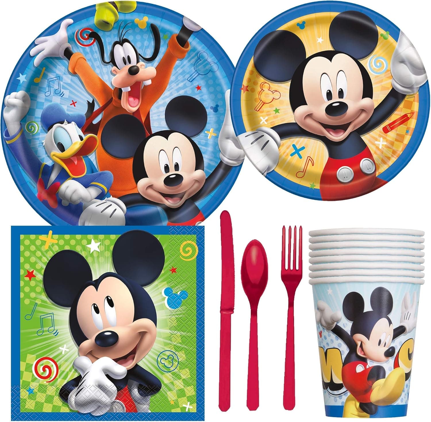 Mickey Birthday Party Supplies Pack Including Cake & Lunch Plates, Cutlery, Cups, Napkins (8 Guests)