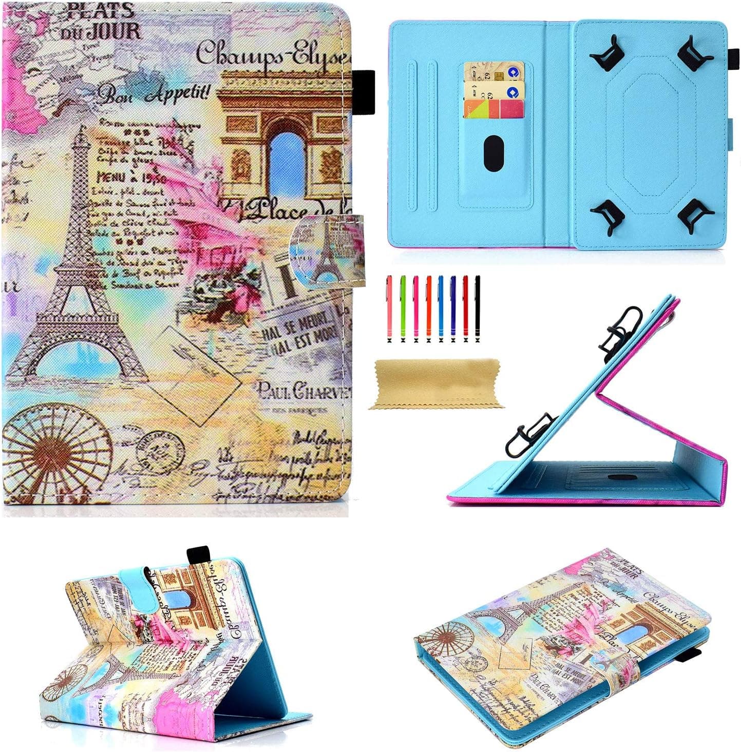 Uliking Universal Case for 7 inch Tablet 6.8" Folio Stand Cover with Pocket Card Pencil Holder for Samsung Galaxy Tab 2/3/4/A/E 7.0, Tab 3/E Lite 7.0,Other 6.5"-7.5" Android Tab, Romantic Paris Tower