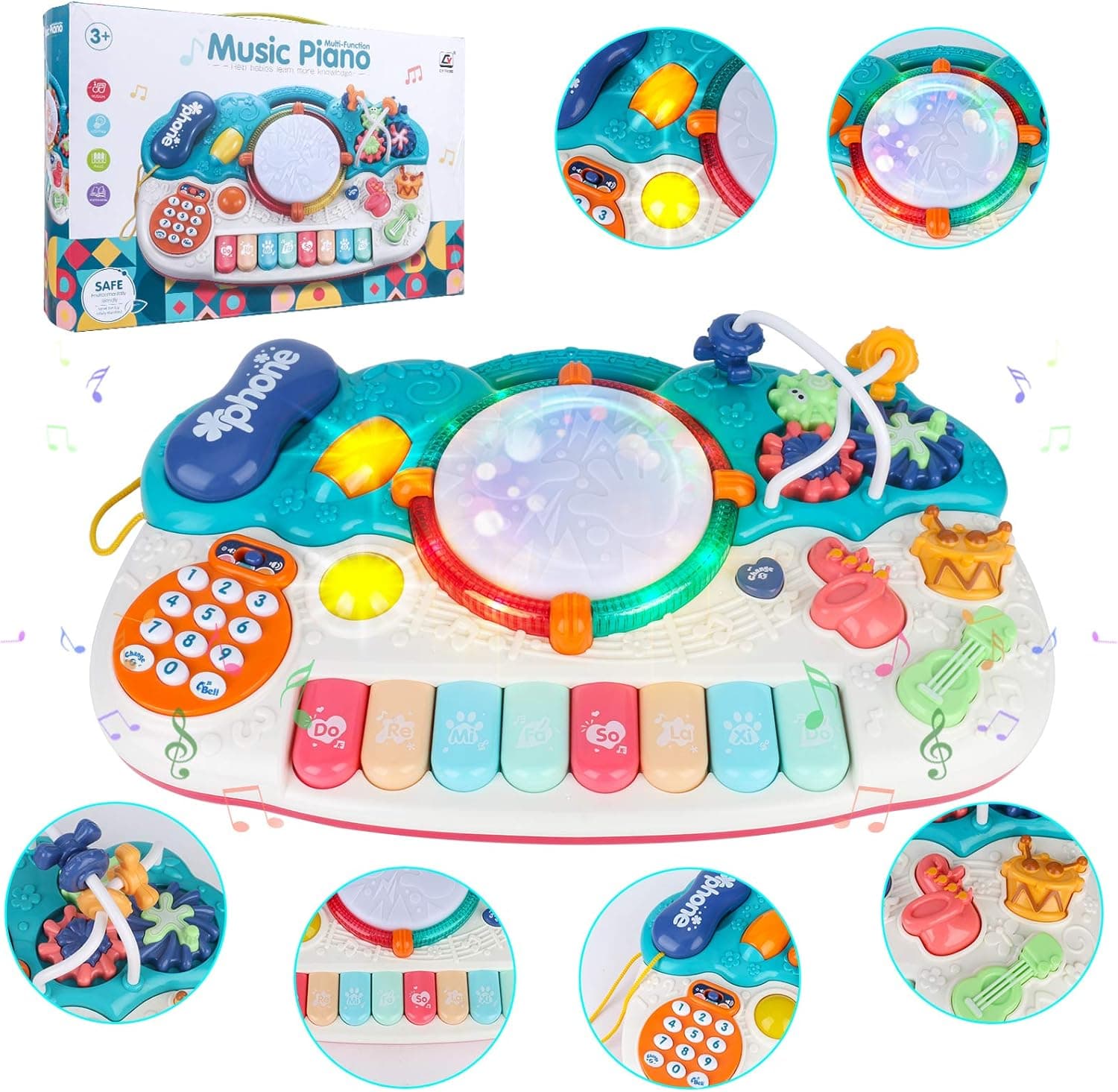 Toddler-Piano-Toy-Keyboard for Girls & Boys Birthday Gift 1 2 3 4 5 Years Old Kids 8 Keys 6 in 1 Multifunctional-Toy Piano-Musical-Instruments-Toys, Electronic Piano Keyboard Phone Gear Drum Set