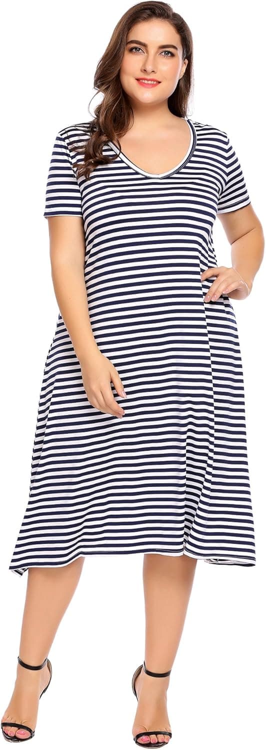 Women Plus Sizes Casual V-Neck Short Sleeve Awing Dress Striped A-Line Midi T-Shirt Dress