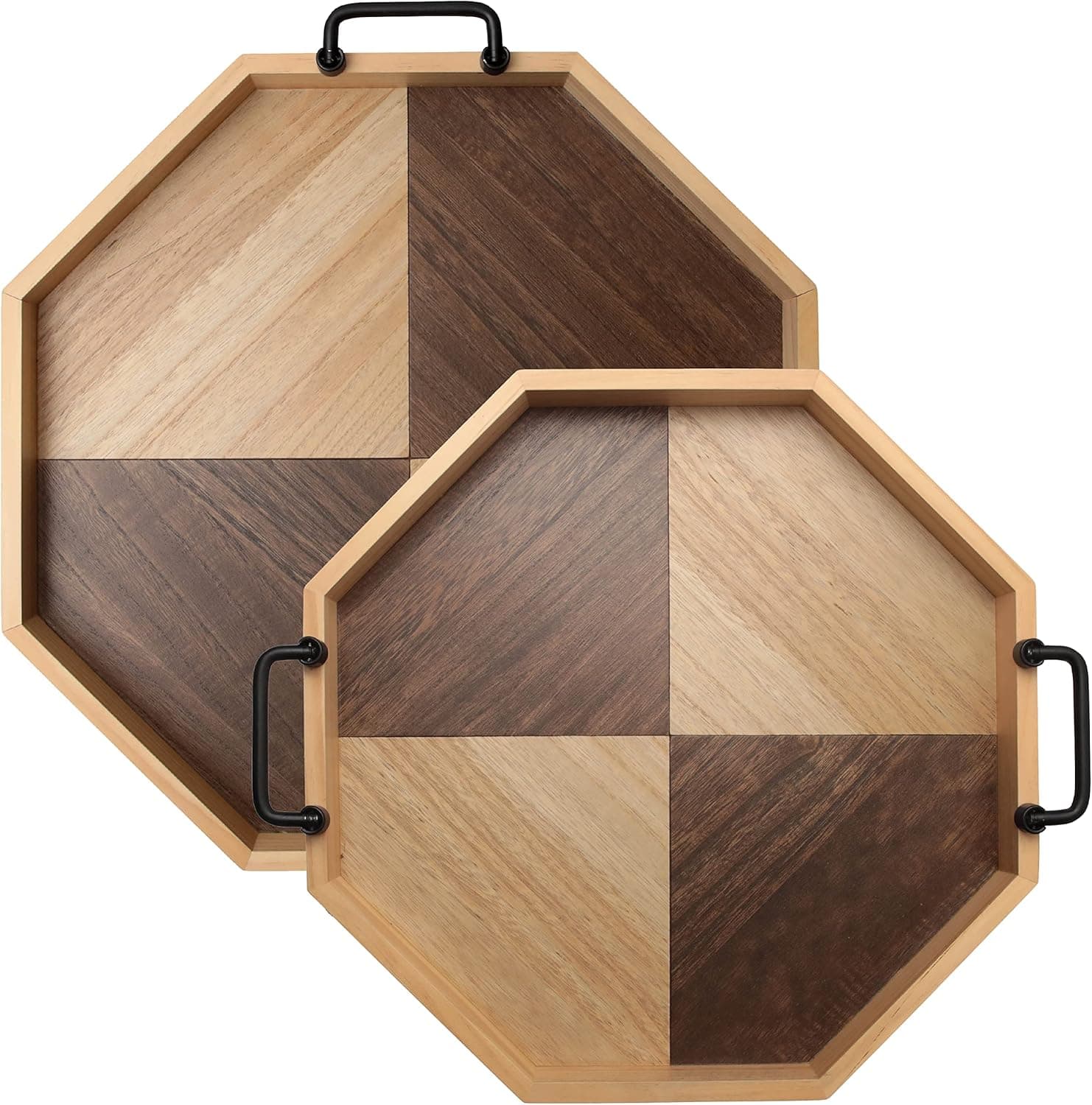 Aurora Chase Wooden Serving Trays - Octagonal Shape Metal Handles Serving Trays Classic Style-Pine Wood Material - Set of 2 Serving Platters for Food & Decor…