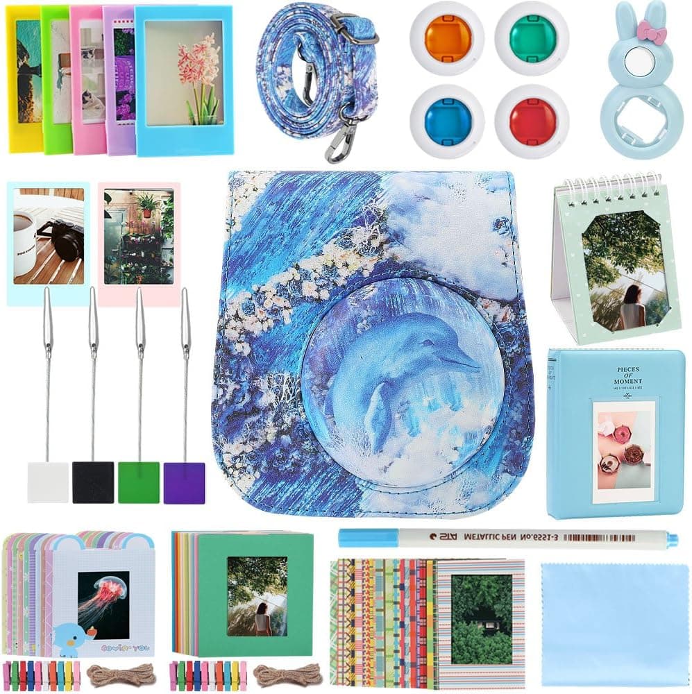 Katia Instant Camera Accessories Bundle Compatible for Fujifilm Mini 9 / Mini 8+ / Mini 8 Instant Film Camera. Includes Camera Case, Album, Frame, Stickers, Strap,etc - Dolphin