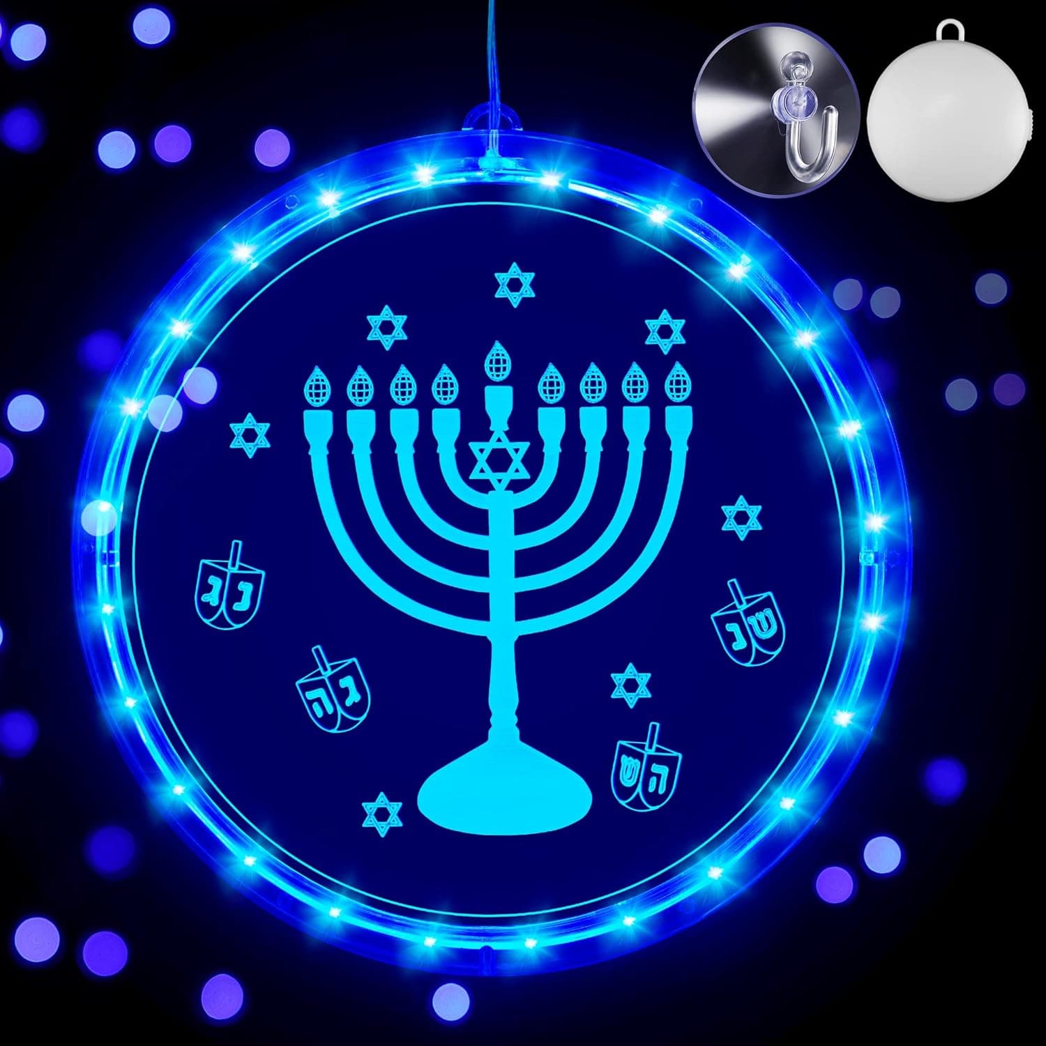Hanukkah Decoration Lights, Blue Chanukah Window Lights, Hanukkah Window Decorations with Battery Operated for Jewish Judaism Hanukkah Chanukah Synagogue Passover Shabbat Ornament Decor (Menorah)