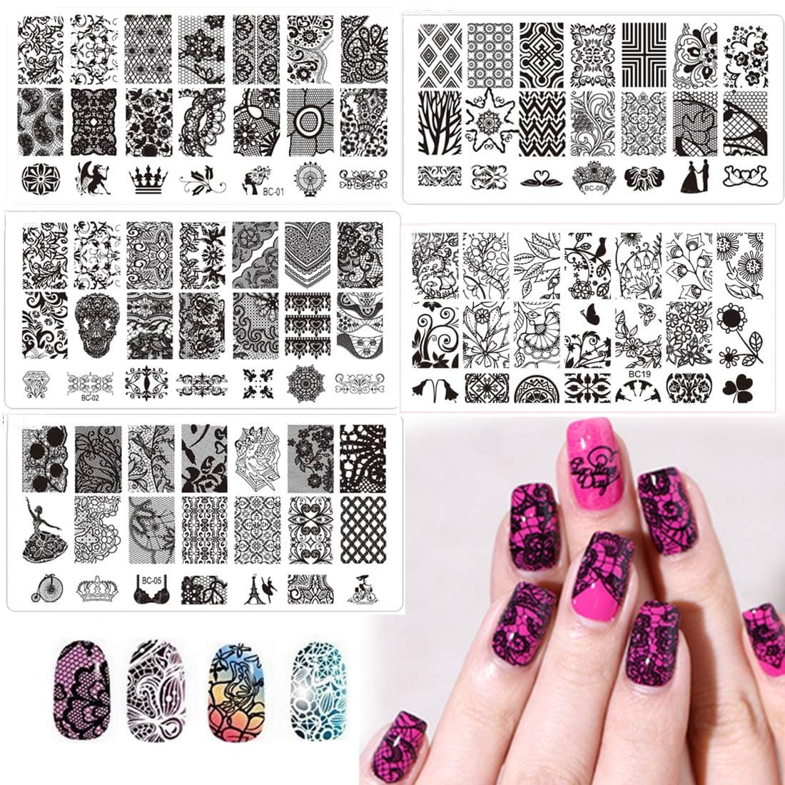 Nail Art Stamp Stamping Plates with Polished Stamper Scraper Kit -DAODER 5pcs Stainless Steel Plates for Nail Art Lace Flower Flora Pattern Nail Printing Plates with 1 Jelly Stamper + 1 Scraper