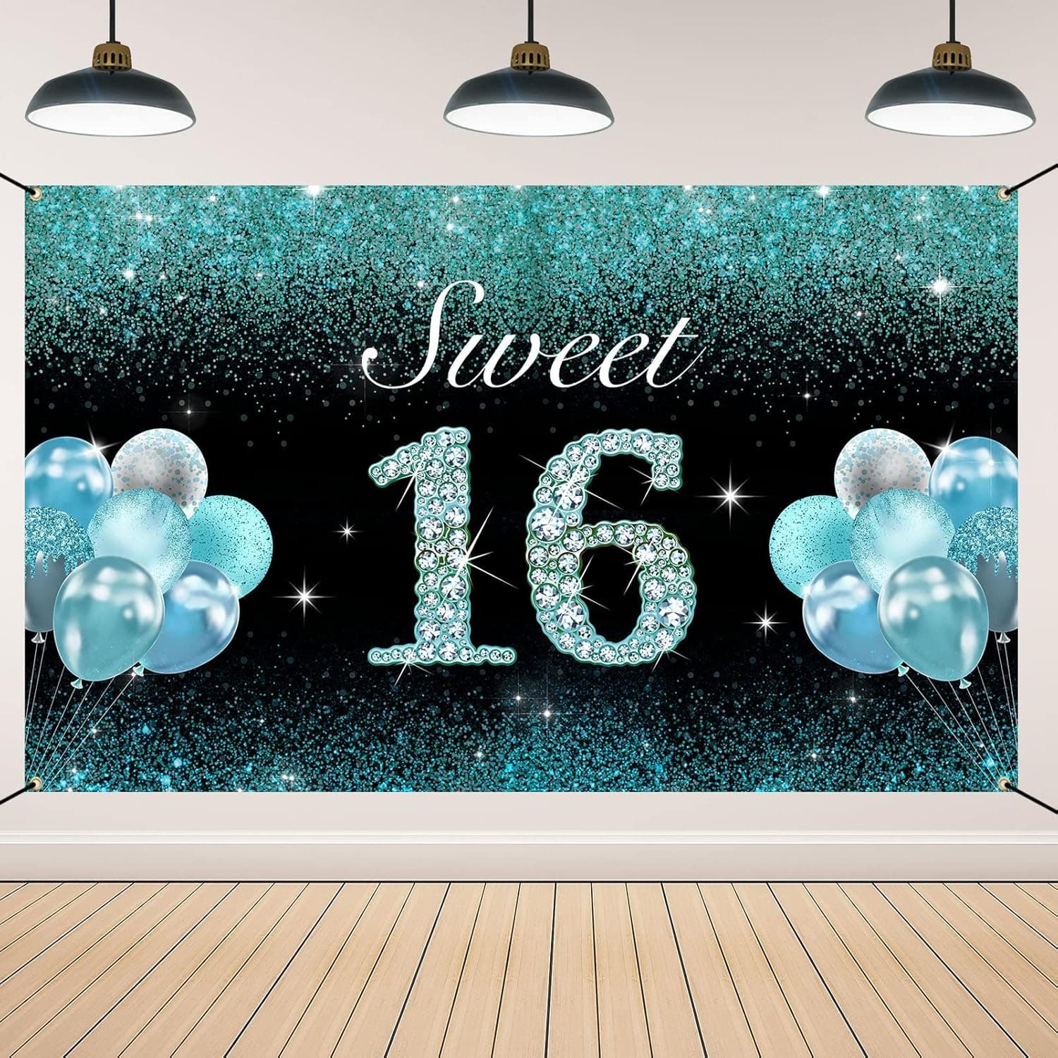 Vlipoeasn Sweet 16 Birthday Decorations for Girls, Teal Silver Sweet 16 Birthday Party Supplies, Happy Sweet 16th Birthday Banner Backdrop, Sweet Sixteen Birthday Poster Background Decor
