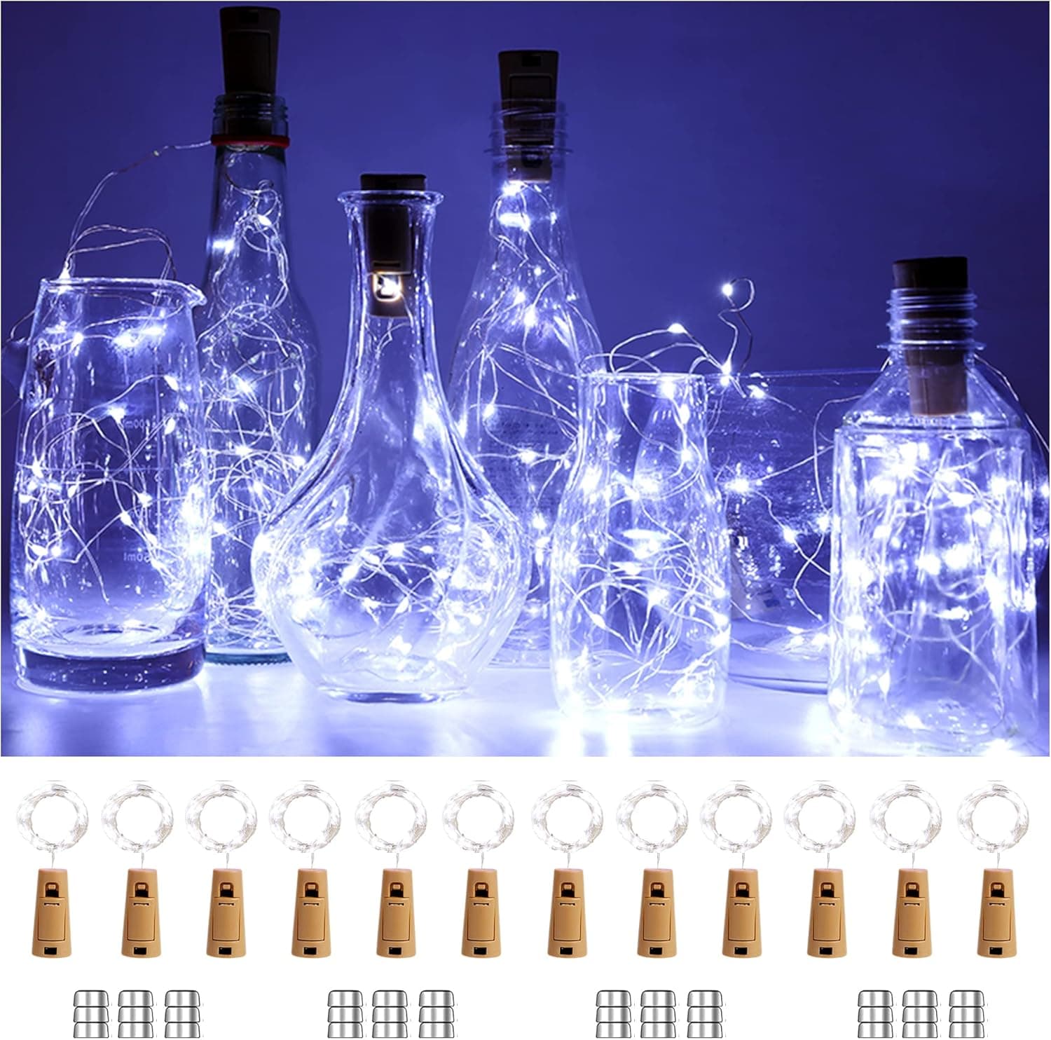 NiHoo Wine Bottle Lights with Cork, 12 Pack 20 LED Battery Operated (Included) Fairy String Lights, Waterproof Mini Wire Cork Light for Party Wedding Bedroom Decoration, Cool White
