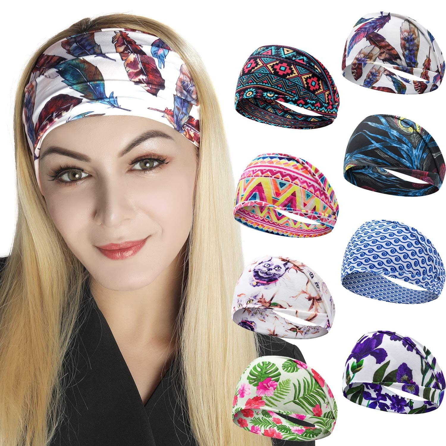 ZUOSIVNAT 8 Pack Headbands for Women, Boho Style Yoga Wide Hairbands Workout Running Bandanas Elastic Yoga Hair bands for Girls