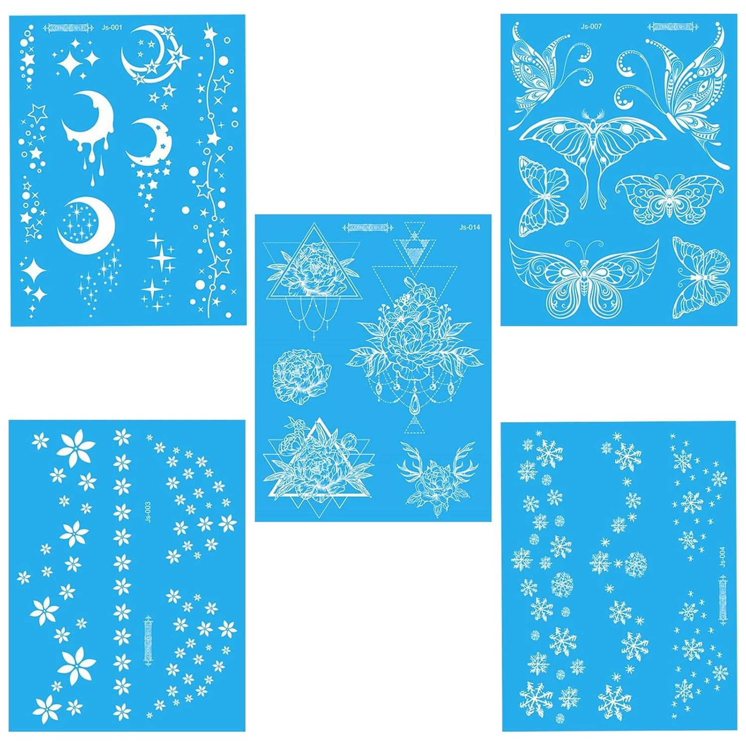 JANSONG 5 Pieces of 30 Temporary White Flowers Snowflakes Stars Moon Butterfly Patterns Waterproof Body art Freckles Facial Tattoo Stickers