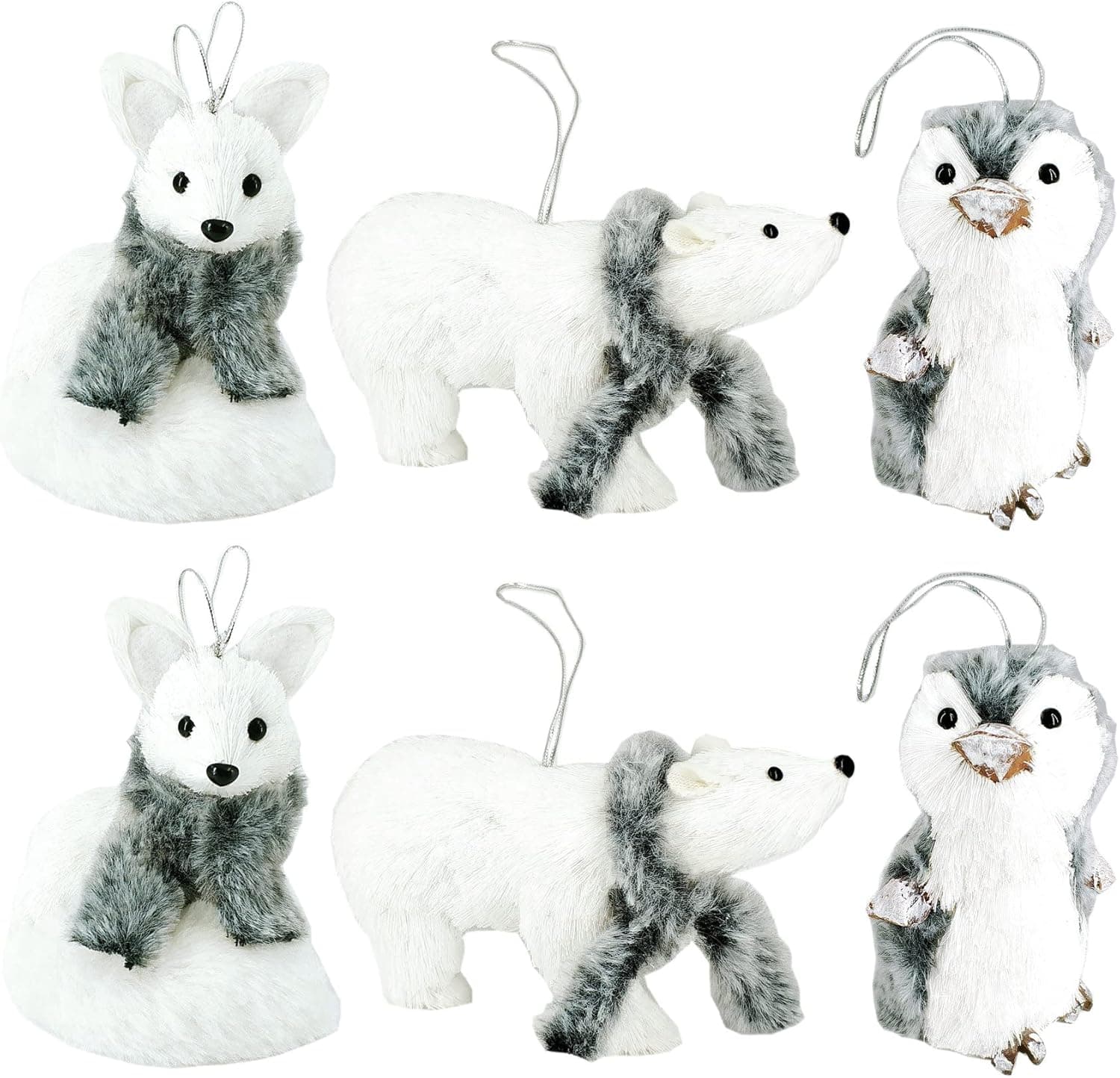 Nature Vibe Sisal Polar Animals Figurines Set Hanging Christmas Tree Ornaments, Set of 6 Natural Arctic Animals with Fur Scarf as White Christmas Ornaments,Gifts for Festival, White & Grey