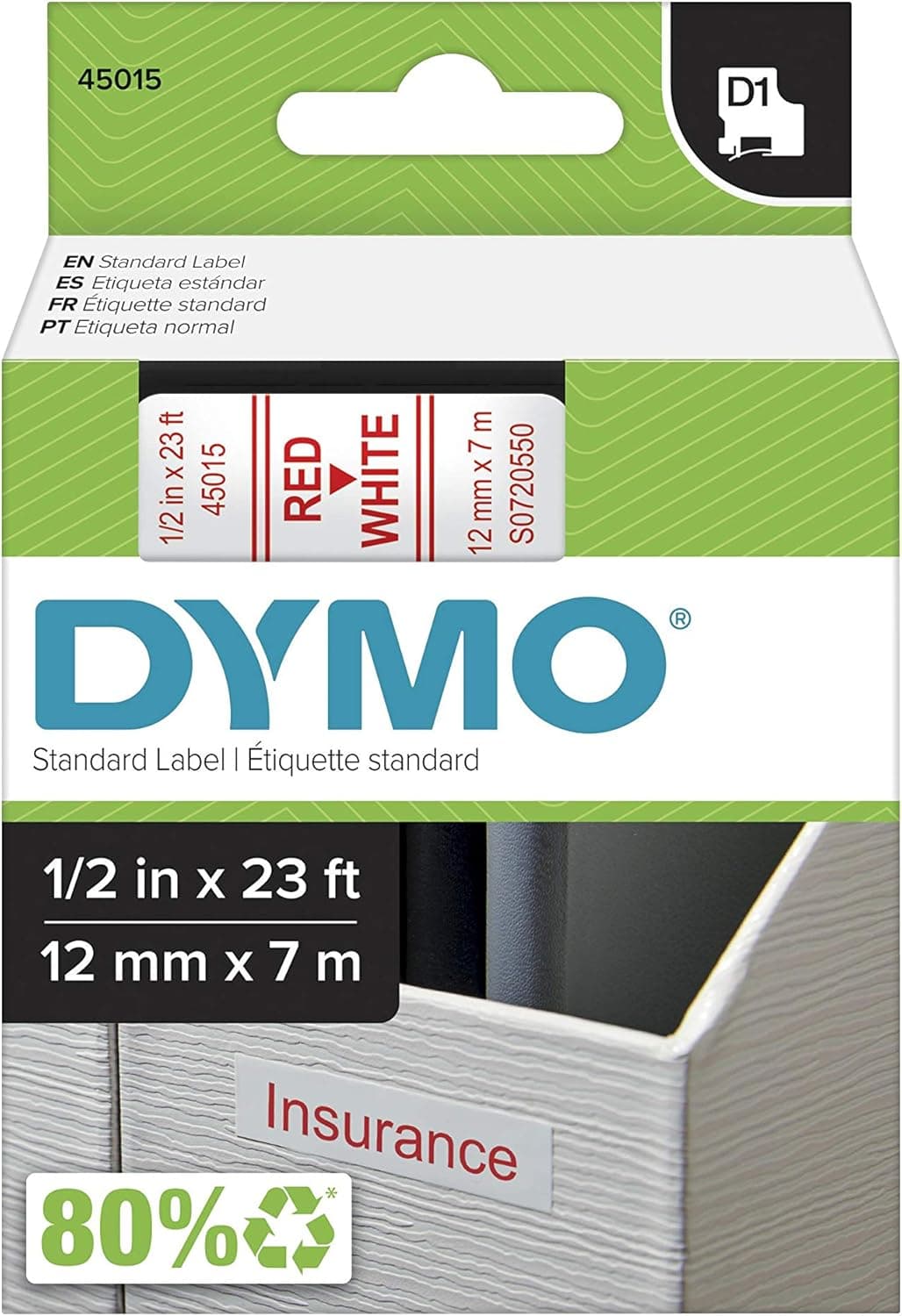 DYMO Standard D1 45015 Labeling Tape (Red Print on White Tape, 1/2'' W x 23' L, 1 Cartridge), DYMO Authentic