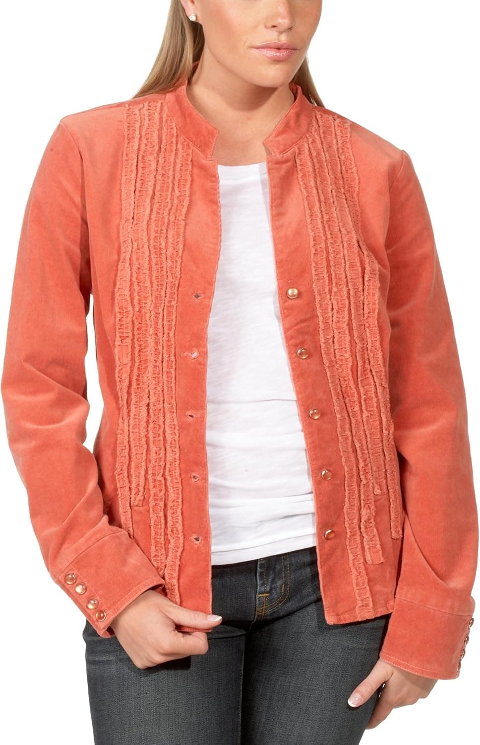 Live a Little Women's Plus Size Fray Edge Embroidery Shirt,Persimmon,2X