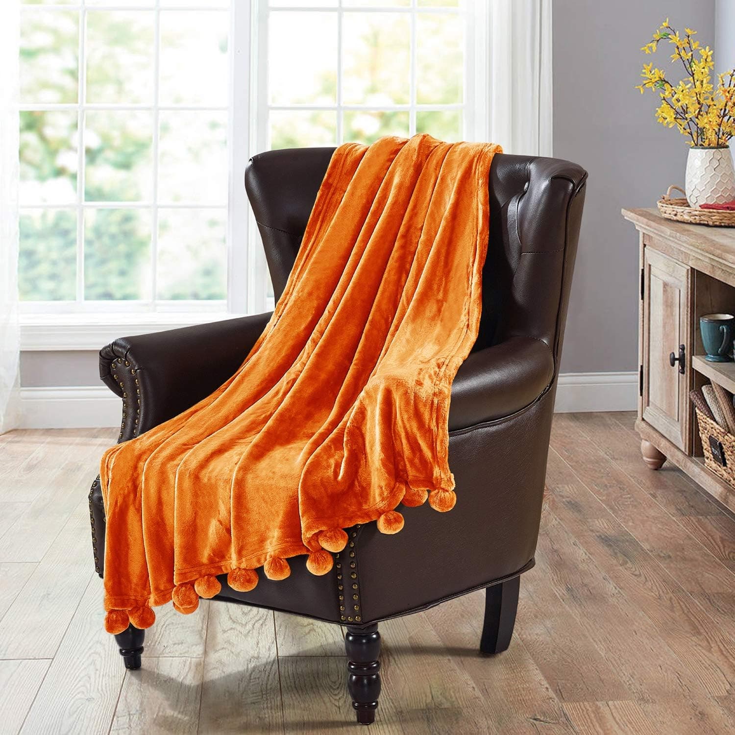 Home Soft Things Pompom Bed Couch Throw Blankets, 50" x 60", Burnt Orange, Fuzzy Soft Comfy Warm Decorative Throw Blanket for Living Room Bedroom Suitable for All Seasons