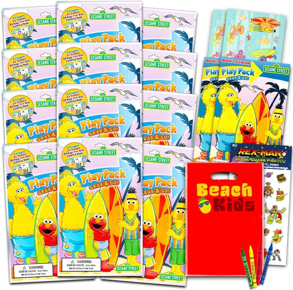Sesame Street Ultimate Party Favors for Toddlers Kids Bundle - 12 Sets with Stickers, Coloring Books, Crayons, Loot Bags, and Bonus Stickers (Party Supplies)