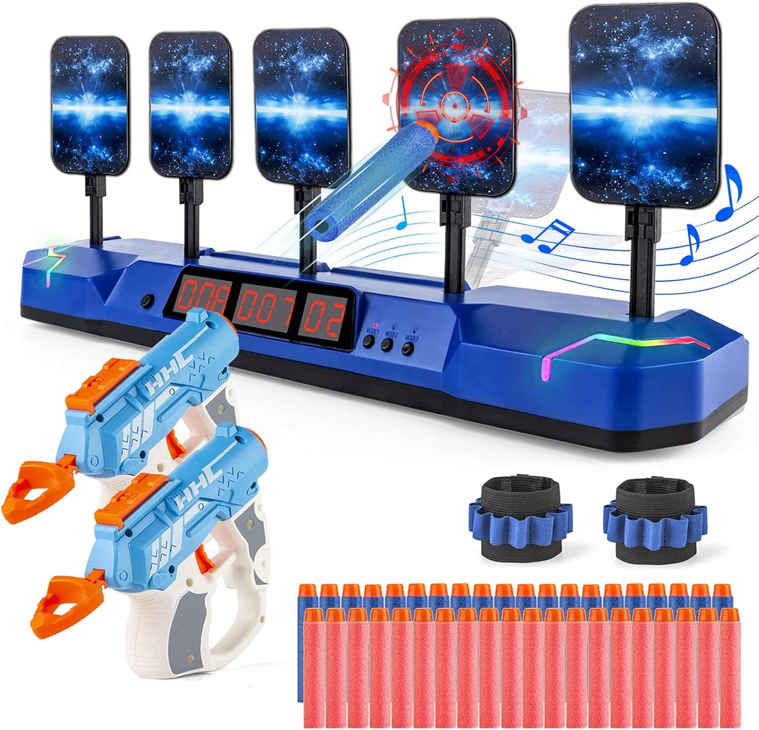 Shooting Target for Boys with 2 Blaster Guns, 5 Targets Electronic Scoring Reset for Shooting Game, 40 Refill Darts and 2 Dart Bands for 6 7 8 9 10 Years Old Boys Gifts, Compatible with Nerf Toy Guns