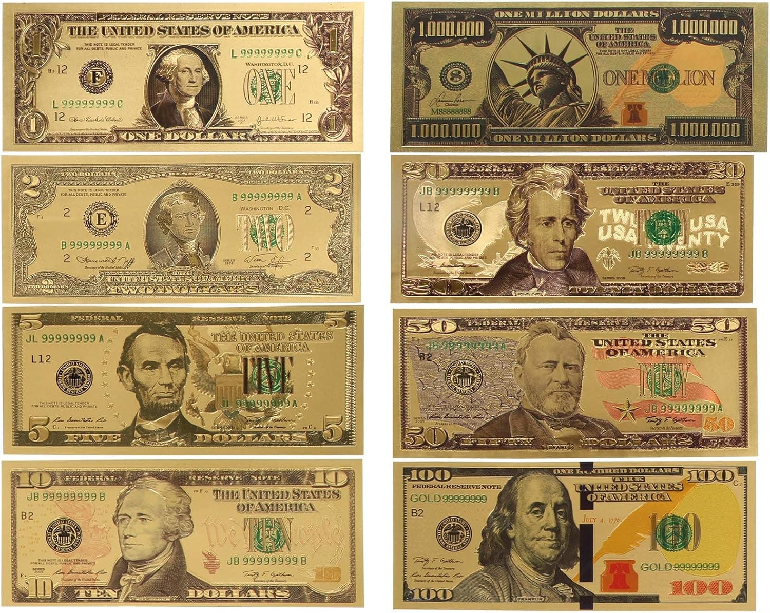 ICObuty Gold Foil Polymer Paper Money 8 PCS $1 $2 $5 $10 $20 $50 $100 $1 Million USD banknotes 1:1 Size 3D Crafts Gift