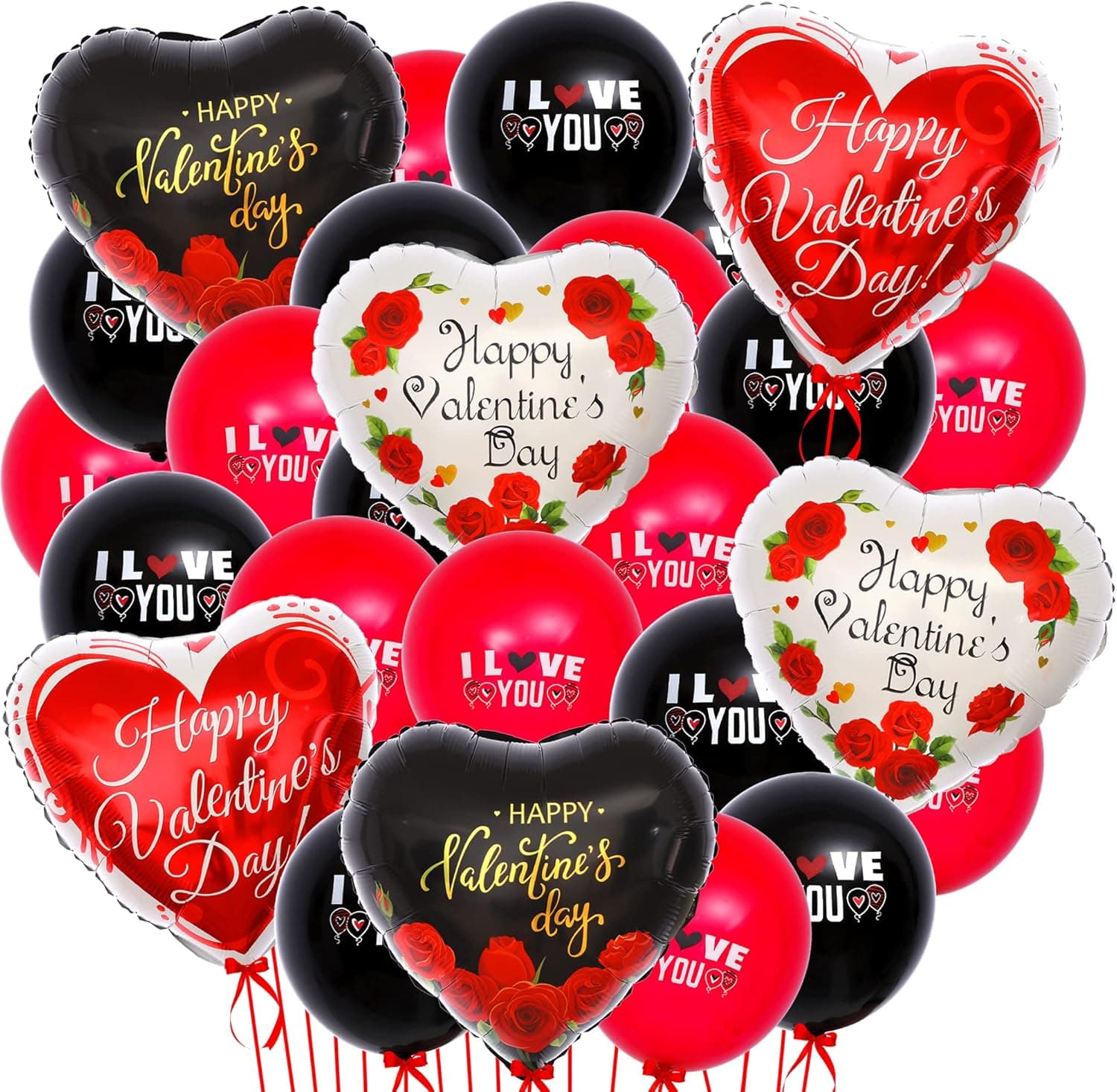 Big, Happy Valentines Day Balloons - Pack of 26 | Black and Red Heart Shaped Balloons, I Love You Balloons | Romantic Decorations Special Night | Black Heart Balloons, Valentines Balloons Decorations