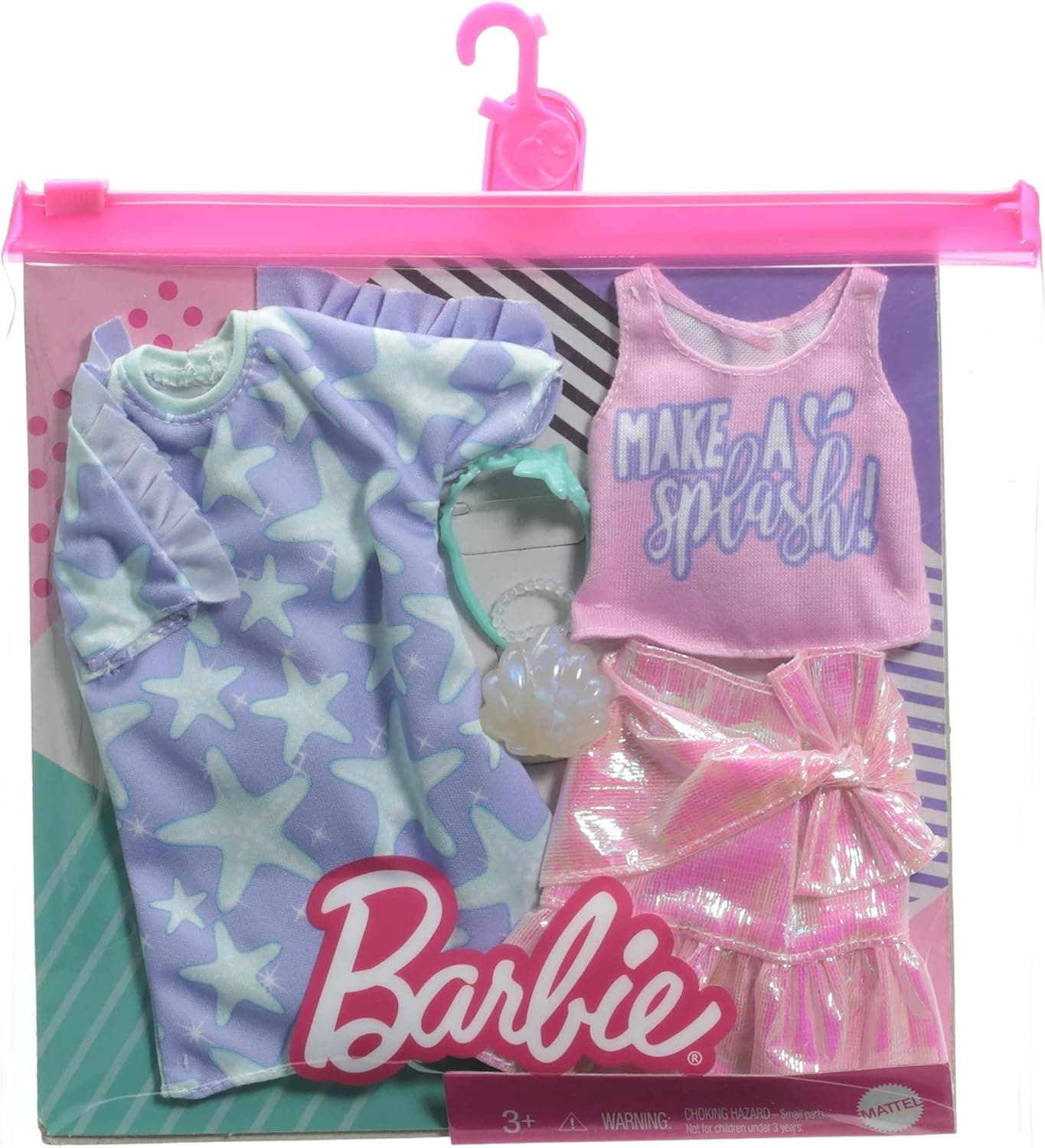 Barbie Fashions 2-Pack Clothing Set, 2 Outfits Doll Include Star-Print Dress, Pink Iridescent Skirt, Graphic Tank & 2 Accessories, Gift for Kids 3 to 8 Years Old