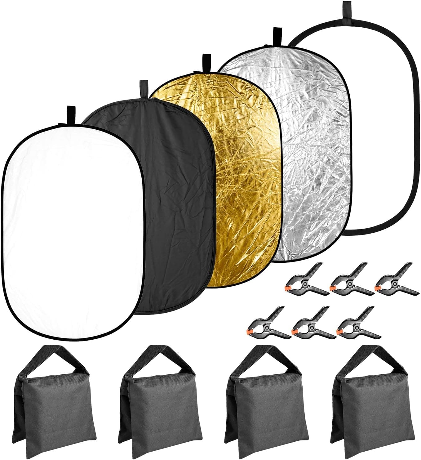 Neewer 5-in-1 31x47 inches/80x120 centimeters Lighting Reflector Disk(Translucent,Silver,Gold,White,Black) with 4-pack Sandbags(Black,Empty) and 6-Pack Backdrop Clamps for Photo Studio Photography