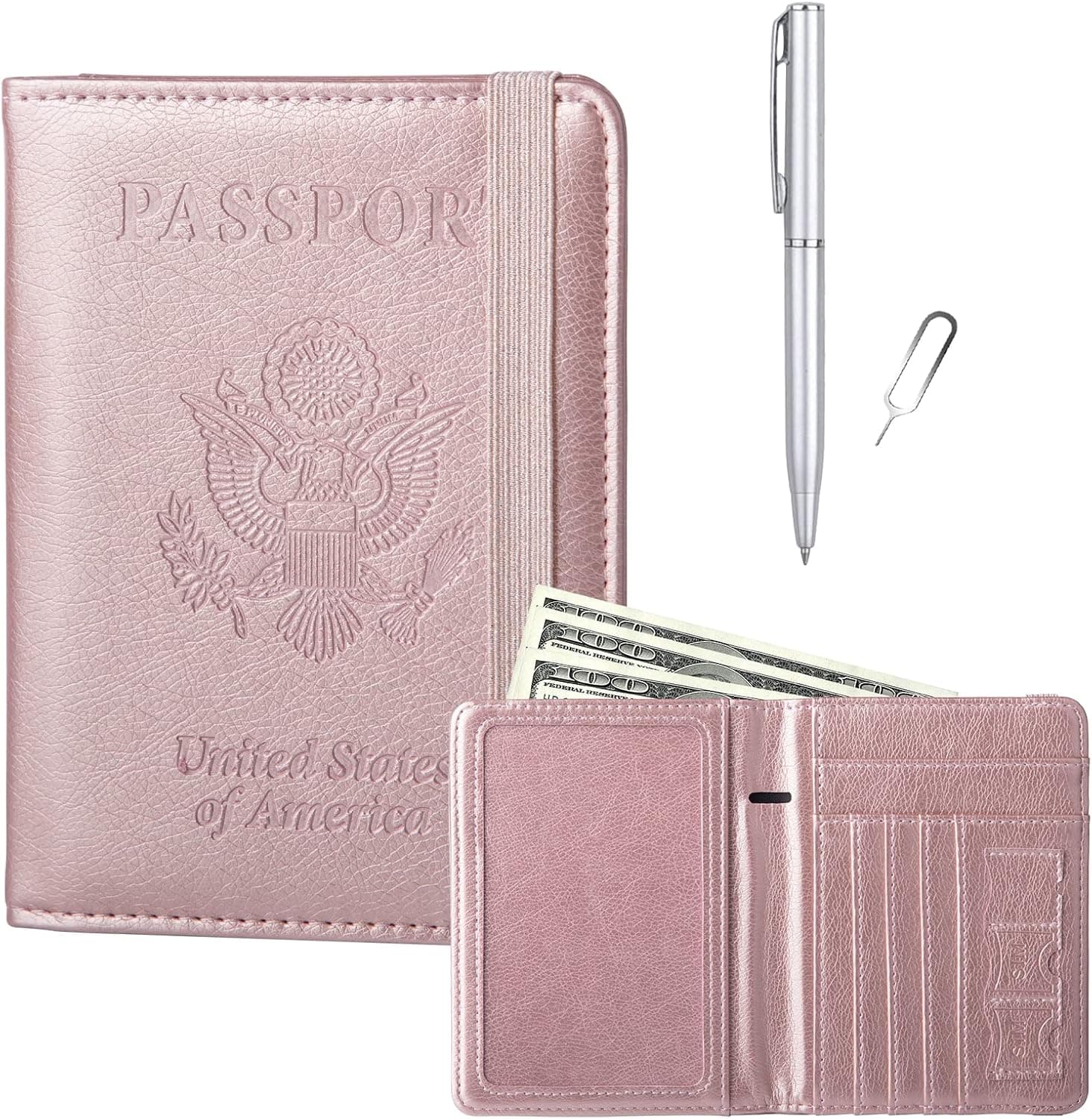 GOAUS Passport Holder with Money Pocket and Card Slots, Men Women Passport Wallet, RFID Blocking Passport Cover, Passport Book Case Rose Gold
