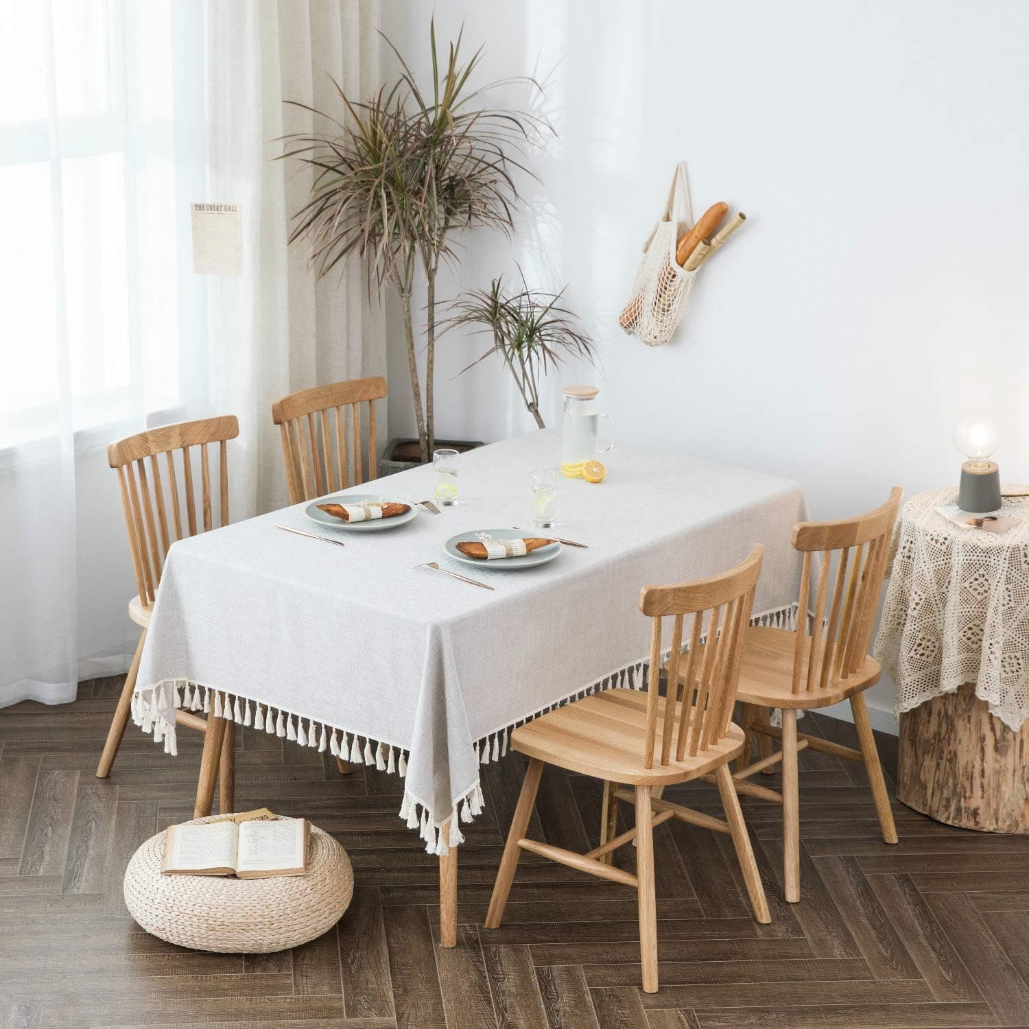 Villa Feel Textured Fabric Table Cloth Waterproof Heavy Weight Cotton Linen Fabric Dust Proof Table Cover for Kitchen Dinning Tabletop Decoration(54" x 102" Rectangular-Beige Texture)