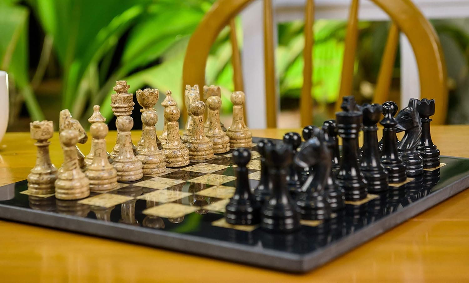 RADICALn 15 Inches Large Handmade Black and Fossil Coral Weighted Marble Full Chess Game Set Staunton and Ambassador Gift Style Marble Tournament Chess Sets