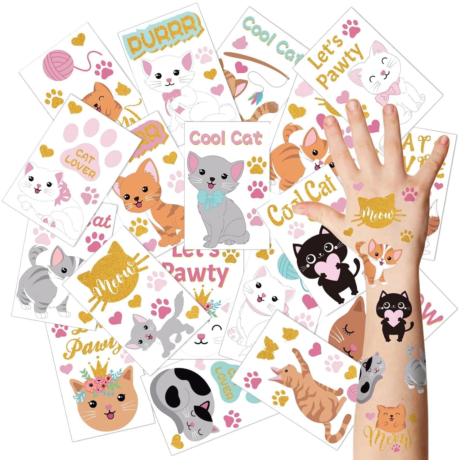 280 Pcs Cat Temporary Tattoos for Kids 18 Glitter Styles Cat Birthday Party Supplies Waterproof Cartoon Halloween Cat Tattoos Gift for Boys Girls