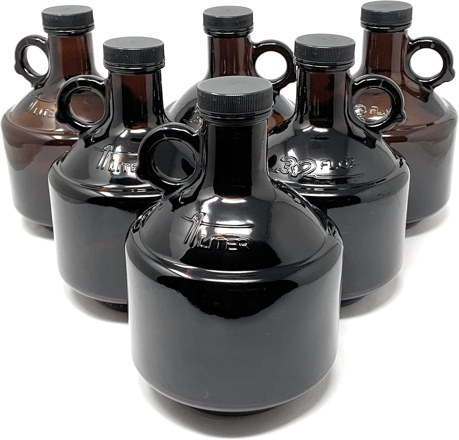 32 oz Amber Glass Pella Growler Bottle with Black Plastic Caps with Foam Liner (6 pack)