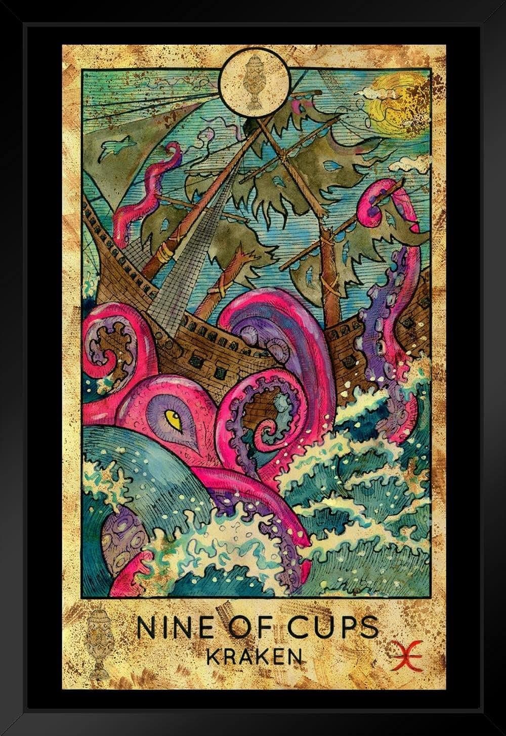 Kraken Nine of Cups Tarot Card Black Wood Framed Art Poster 14x20