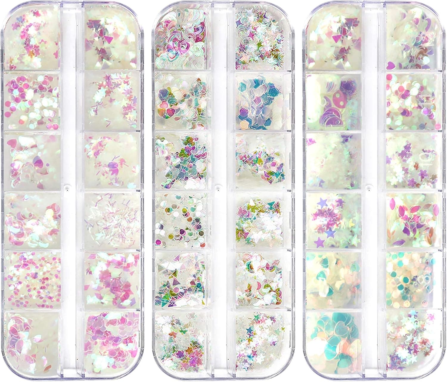 Holographic Nail Flakes, Teenitor 36 Box Multi-Shapes Thin Nail Art Chunky Sequins Iridescent Paillette Glitter Powder Tip Gel Polish Decoration Face Body Hair Art Craft Materials