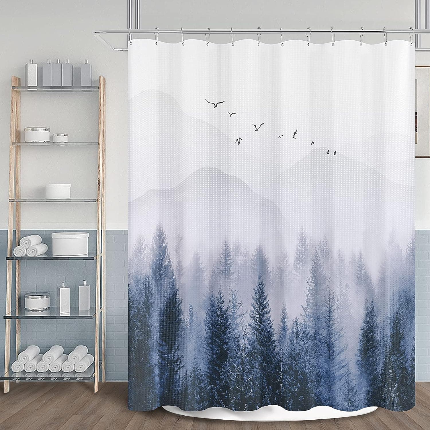 Hokibero Forest Nature Tree Shower Curtain Light Blue Shower Curtain Set Woodland Shower Curtains for Bathroom Water Repellent Decorative Bathroom Curtains, 72 x 72 inch, Foggy Forest-Misty Blue