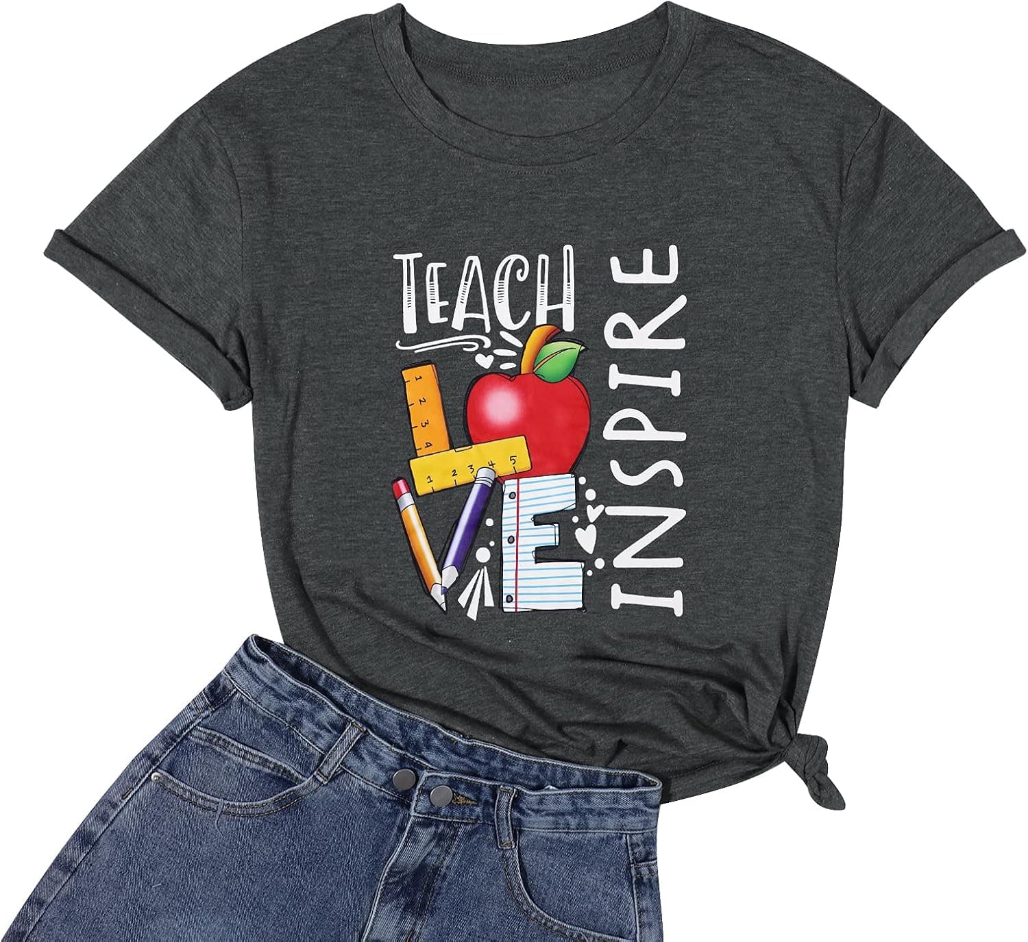 Teacher Shirts Women Teach Love Inspire T Shirt Funny Teaching Tee Casual Letter Print Short Sleeve Tops