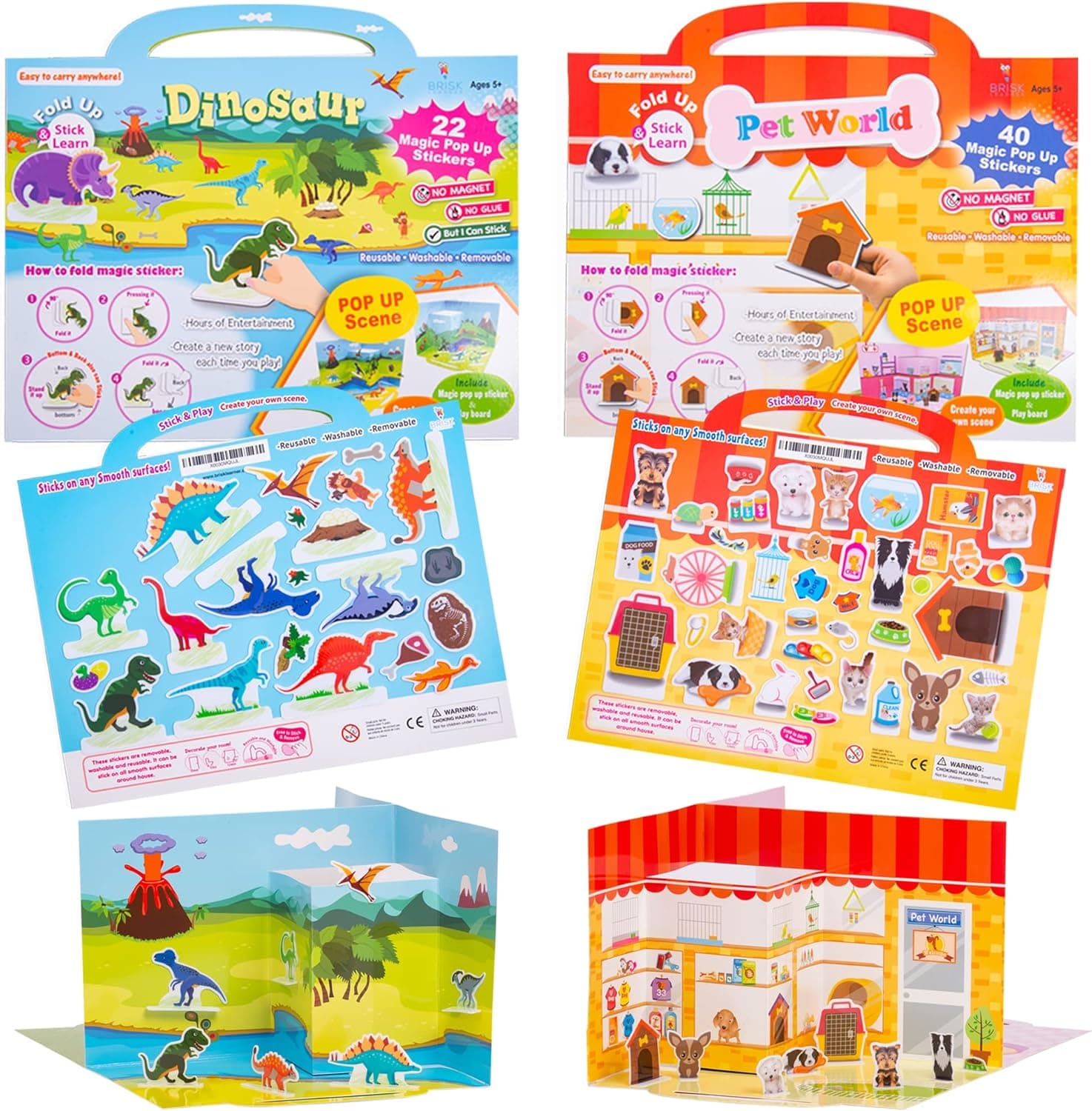BriskLearner Reusable Sticker Book - Reusable & Washable Stickers (Animal, Pets, Dinosaur), 3D Play Scenes, Sticker Books for Kids/Activity Books for Kids