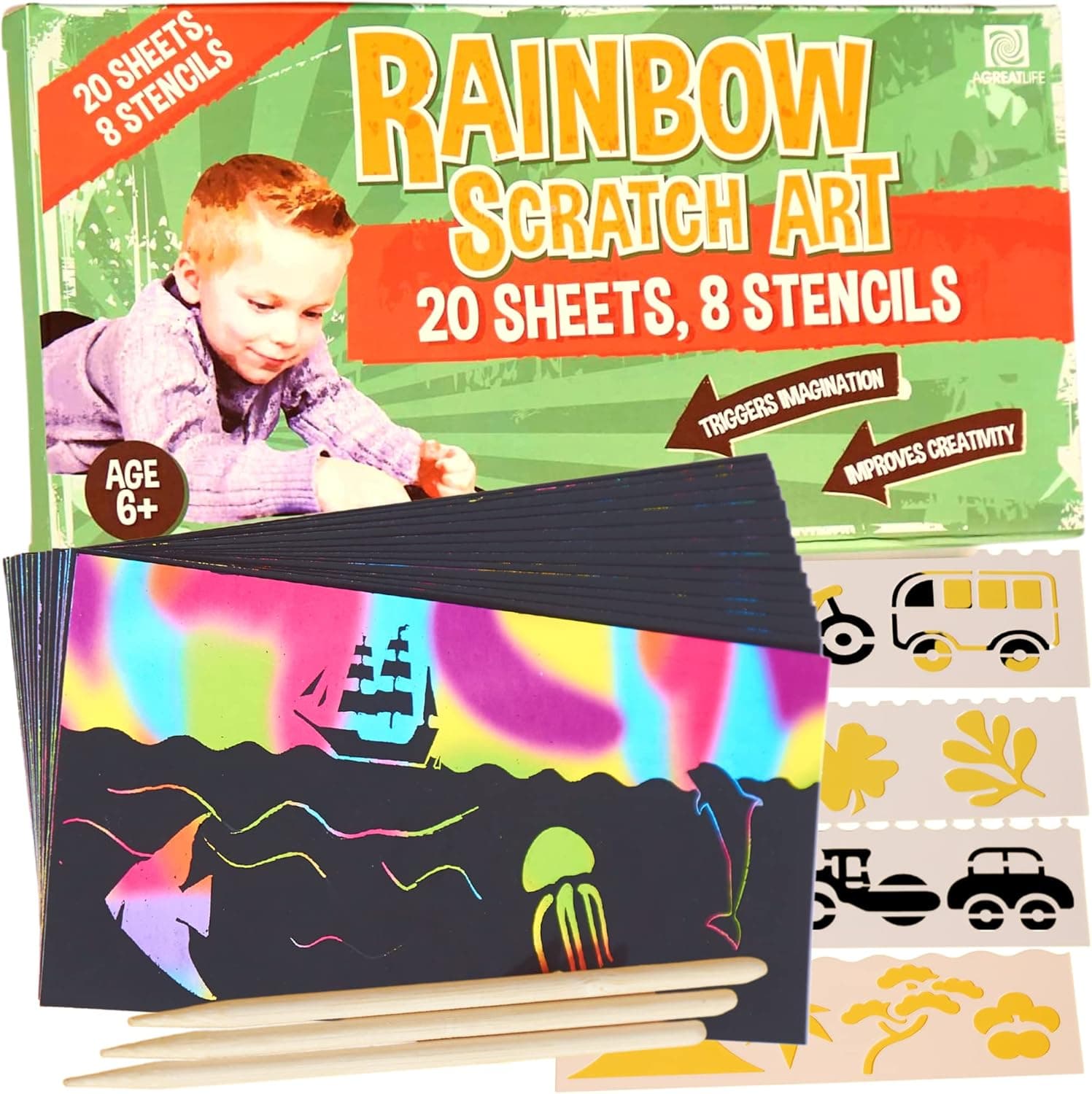 AGREATLIFE Rainbow Scratch Art Notebooks: Best Scratch Rainbow Notes - Drawing Notepads for Kids with 4 Colorful Mini Notebooks and 4 Wooden Styluses