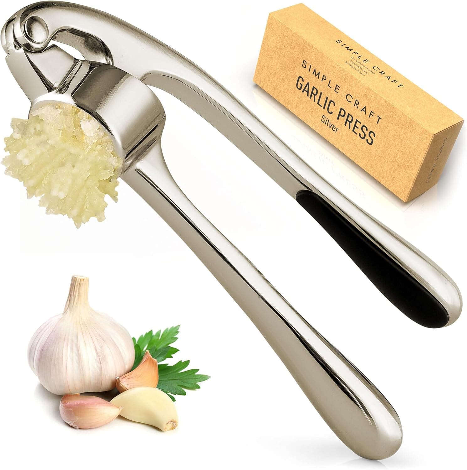 Simple Craft Garlic Press - Rustproof & Ergonomic Garlic Mincer That Is Easy To Squeeze - Heavy Duty Garlic Crusher For Extracting Garlic Paste, Nuts, Ginger, Seeds and More (Silver)