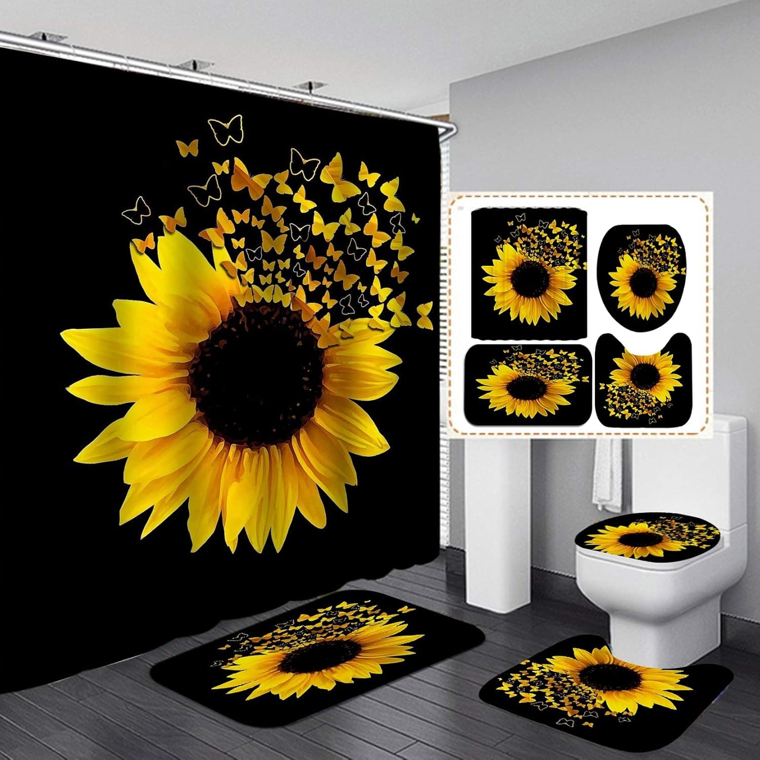 Jayden&Madge 4PCS/Set Magic Butterfly Sunflower Shower Curtain Flower Bathroom Set, Waterproof Fabric Cloth Bath Curtain, Non-Slip Bathroom Rugs Toilet Rug Bath Mat, Floral Bathroom Decor, Butterfly