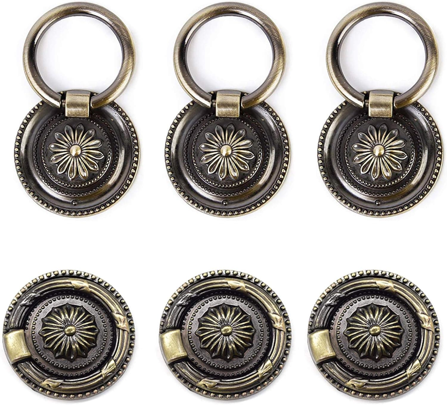 Proudsun Antique Drawer Pulls Bronze Ring Dresser Knobs Round Drawer Handles Vintage Cabinet Knob 1.77 Inch for Nightstand Cupboard Drawer Cabinet Pull(6 Pack)