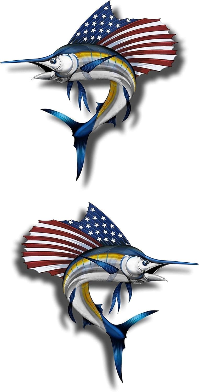 Premium Marlin American Flag Fish Sticker. Best USA Decal Vinyl for Your Car Window Or Bumper, Hard Hat, Fishing Toolbox. Decor for Shops, Cafe, Laptop Or Even Kayak Or Boat. Size 2.1 inch x 5 inch