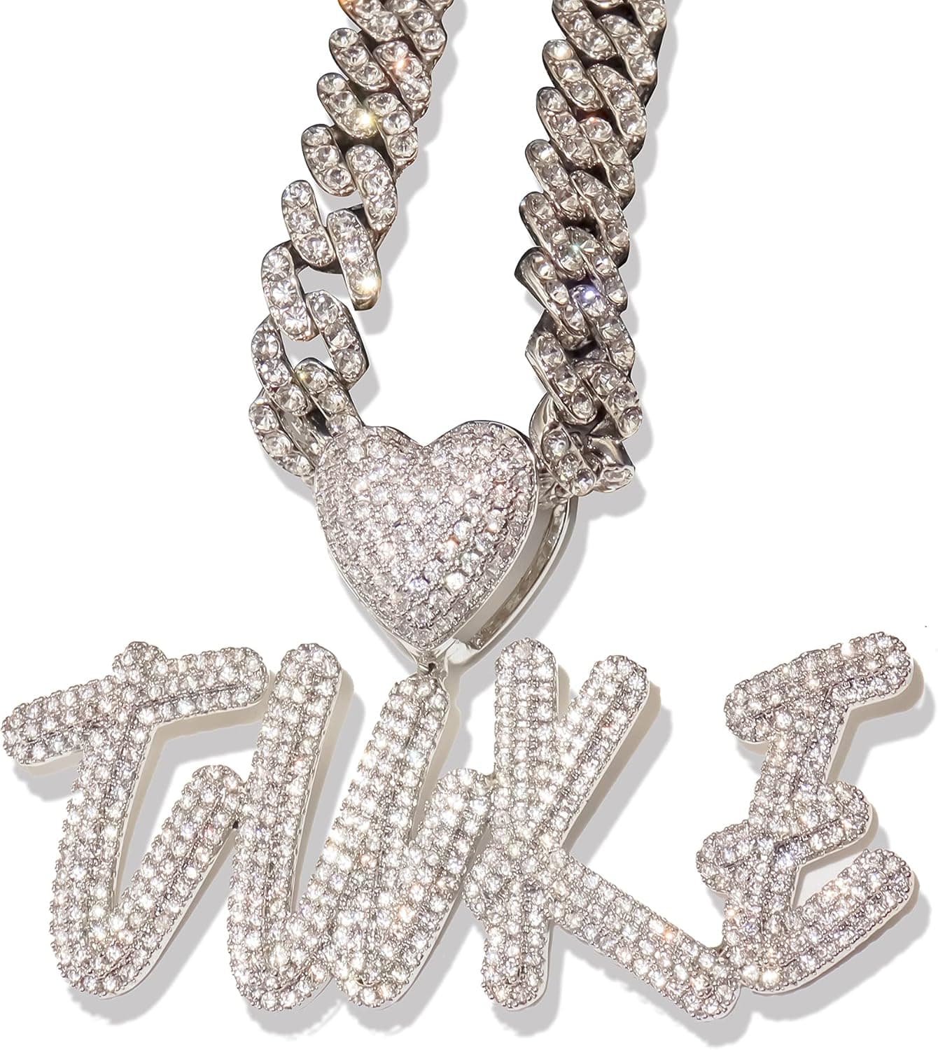 DOBLING Hip Hop Custom Heart Bail Cursive Name Necklace with Cuban Or Tennis Chain Iced Out Bubble Letter Pendant Simulated Diamond Initials Chain Gifts for Her